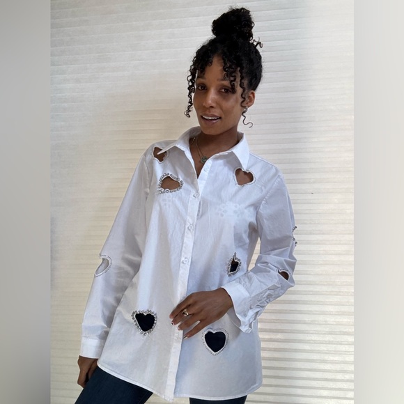 Lizette Collection Crystal Heart Cutout Long Sleeve Blouse - Picture 2 of 14